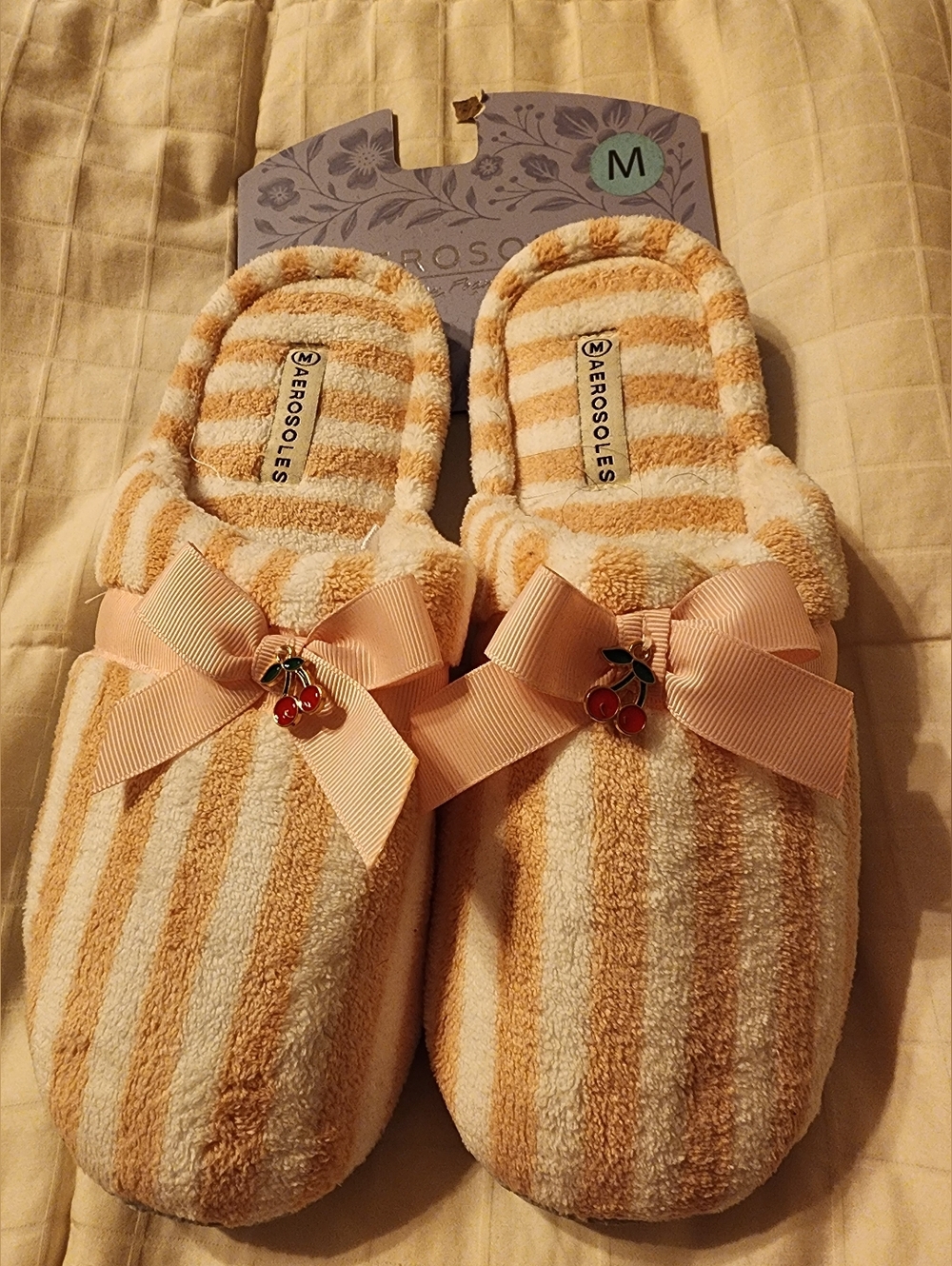AEROSOLES Pink and Cream Striped Bow Slippers